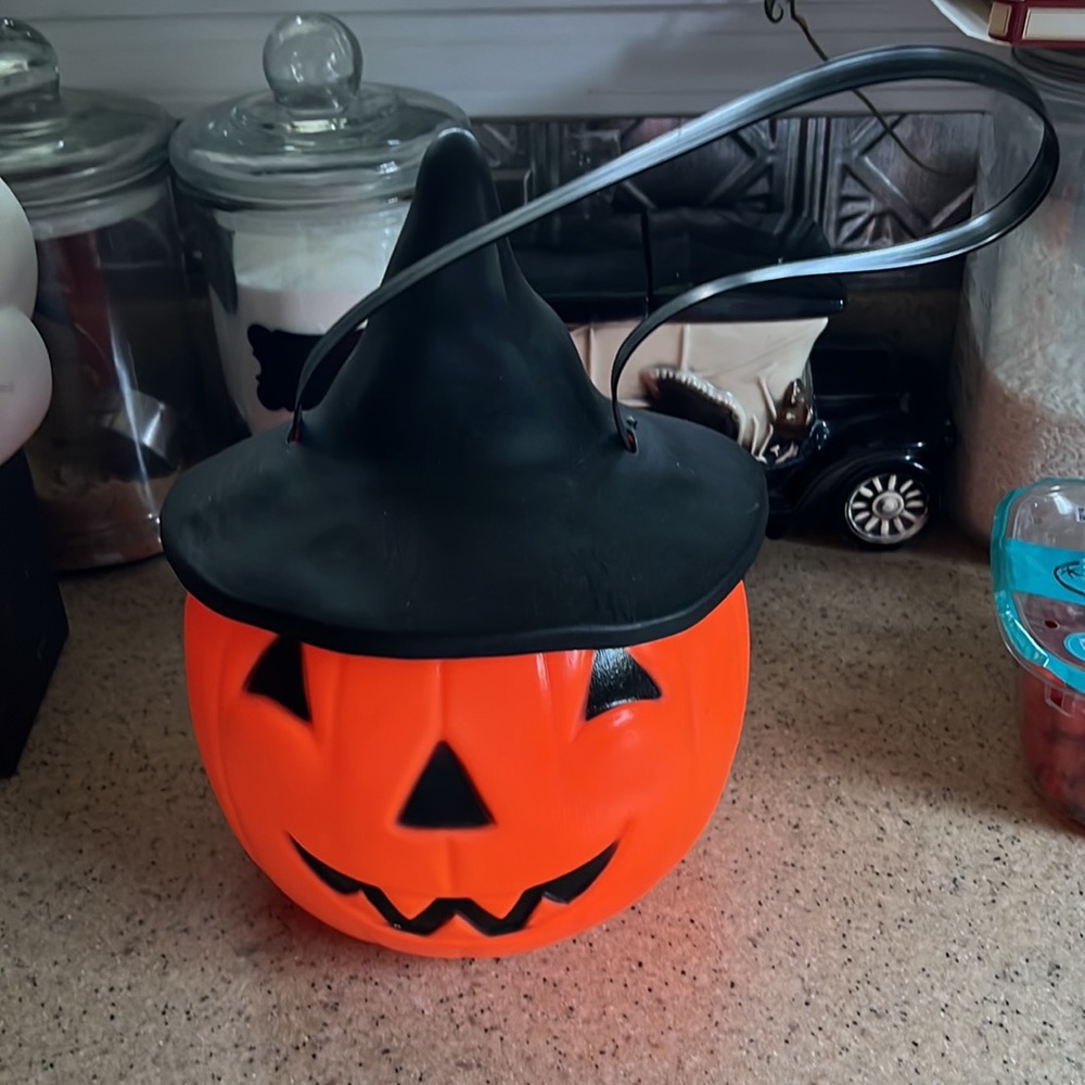 Vintage Empire Halloween pumpkin wearing witch hat blow mold candy bucket